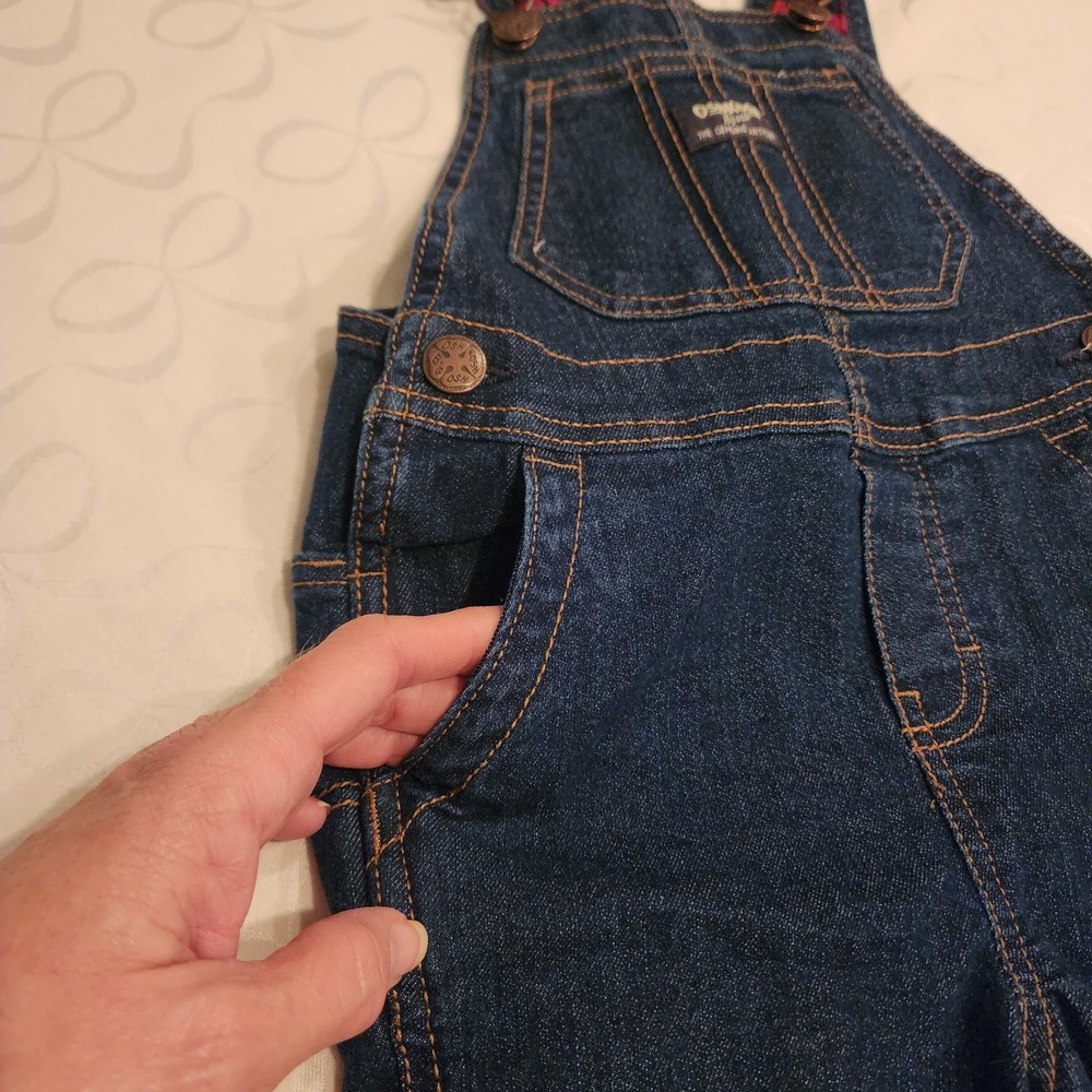 OshKosh B'gosh 3T Carpenter Overalls Dark Wash Denim Flannel Lined Buffalo Plaid - Picture 7 of 16